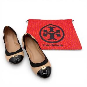 Tory Burch Jolie Cap Toe Beige Nude Tan Leather Ballet Flat Shoes Size 10